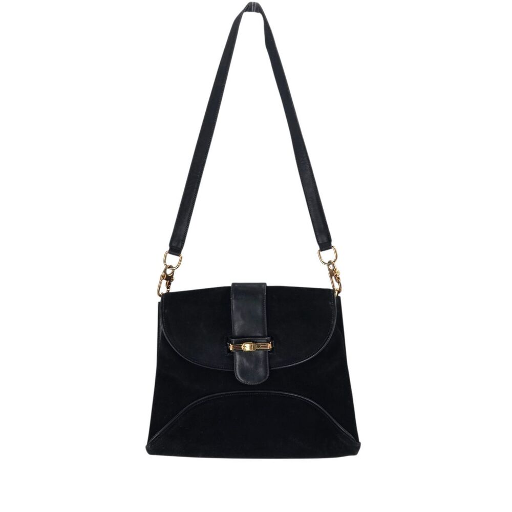 Vintage Gucci Black Suede Enamel Web Horsebit Shoulder Bag